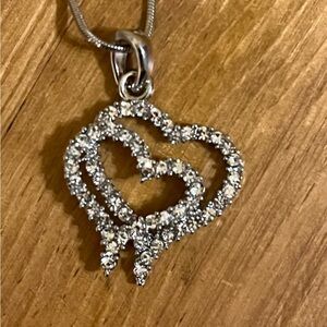 Double heart rhinestone necklace and earrings set 15”
